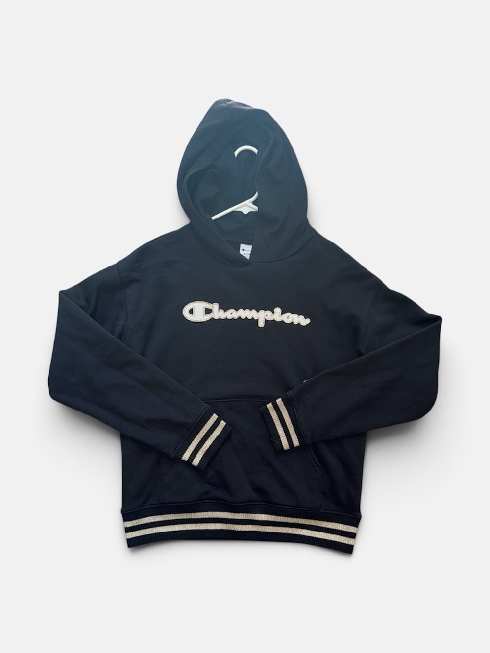 Champion Black Hoodie with Cream Logo and Stripe Trim